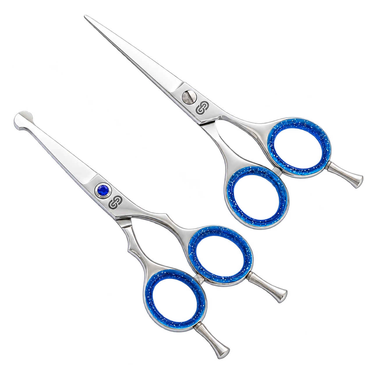 Two compact polished shears with blue finger rings